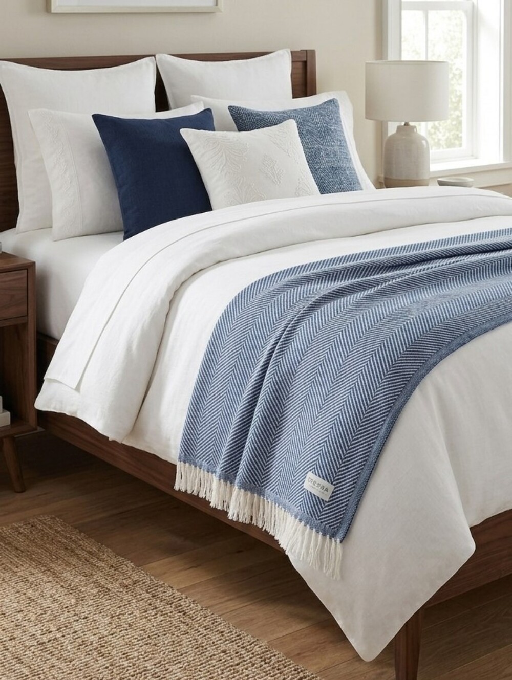 NWT SFERRA Costa Cotton Throw Blanket Blue White Herringbone Fringe Italy Luxury